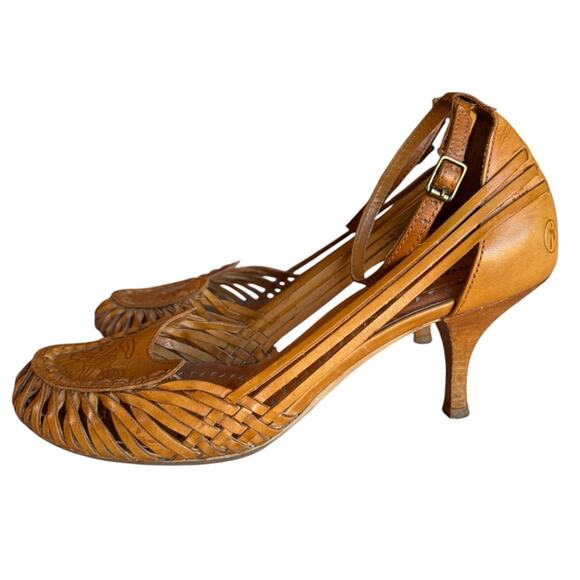 Bronx "Pilar" Huarache Inspired Tooled Leather Ankle Strap Mid-Heels size 7.5 - Picture 2 of 15